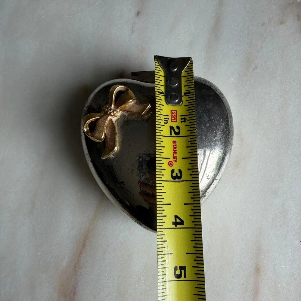 Vintage Heart Trinket Box Silver Plated Gold Bow Red Velvet Lining Hong Kong